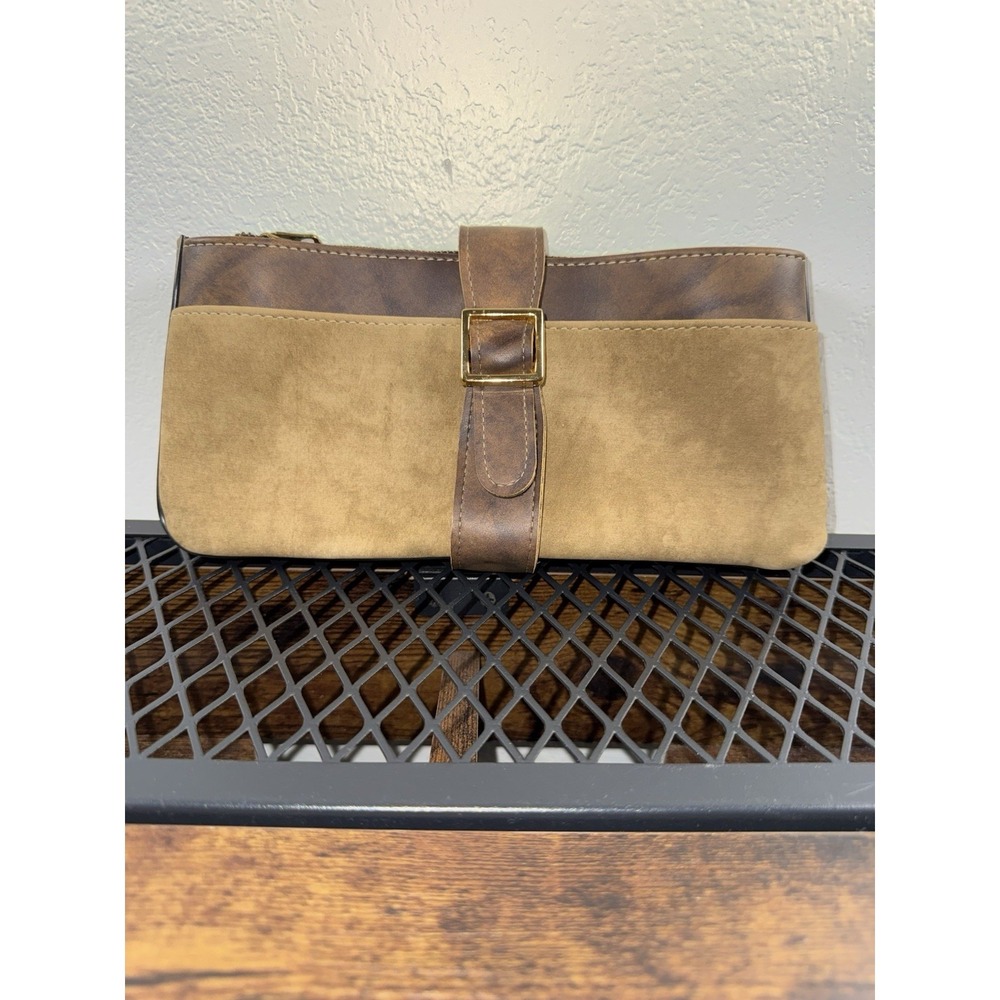Vintage Womens Rolfs‎ Suede Leather Clutch Wallet Tan Brown Snap Strap Large Zip